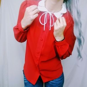 Red and White Peter Pan Collared Blouse